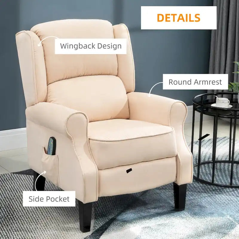 Cream White Heated Massage Recliner Chair with Lumbar Heating & Remote Controller