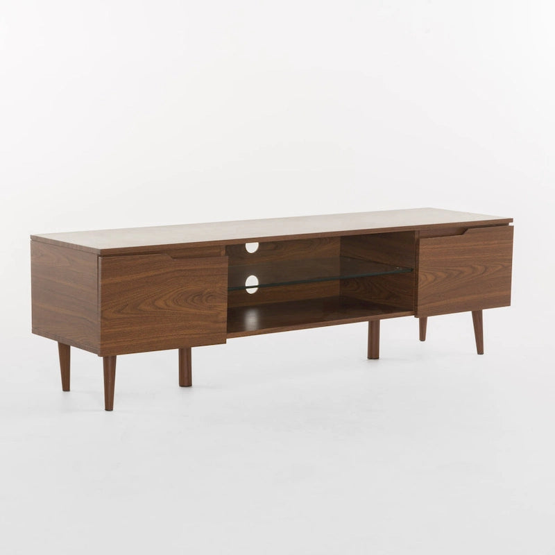 Walnut 59.2 TV Stand with 2 Cabinets & Tempered Glass Shelf for 40 TVs