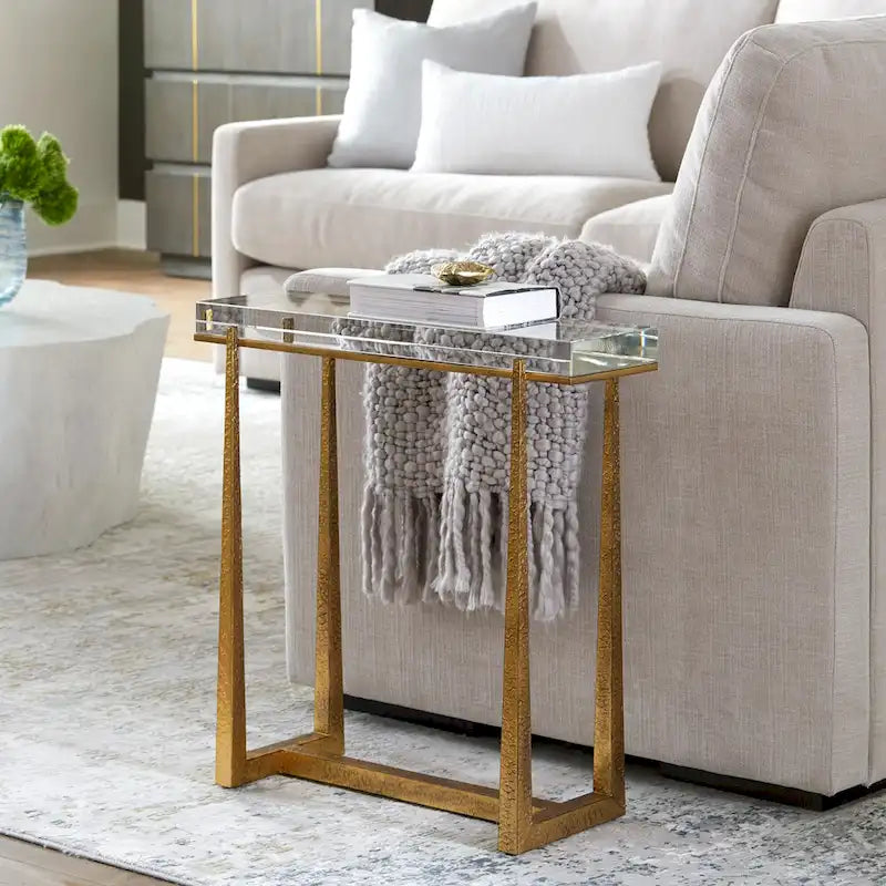 Thick Crystal Top End Accent Table - 24 - Antique Gold