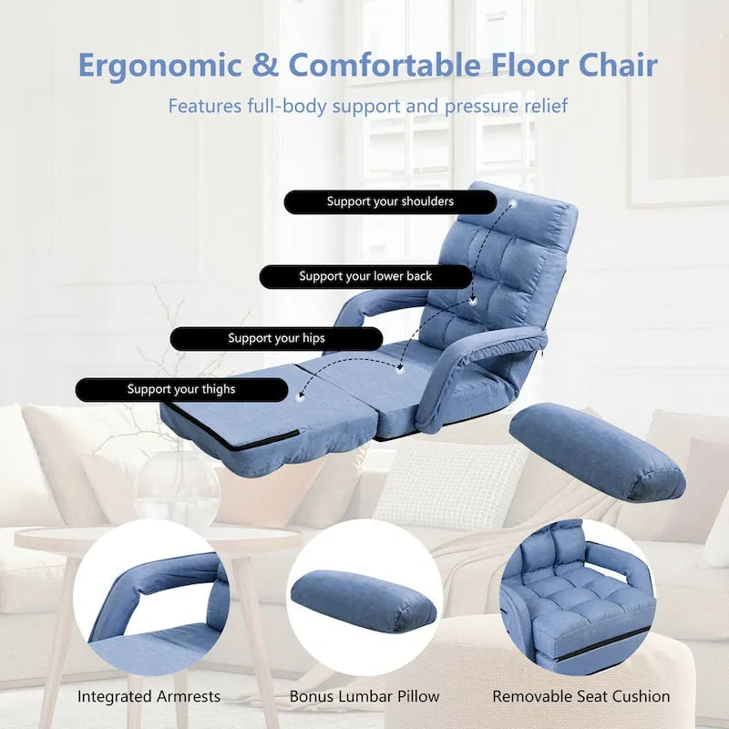 Blue Folding Lazy Sofa Floor Chair Sofa Lounger Bed