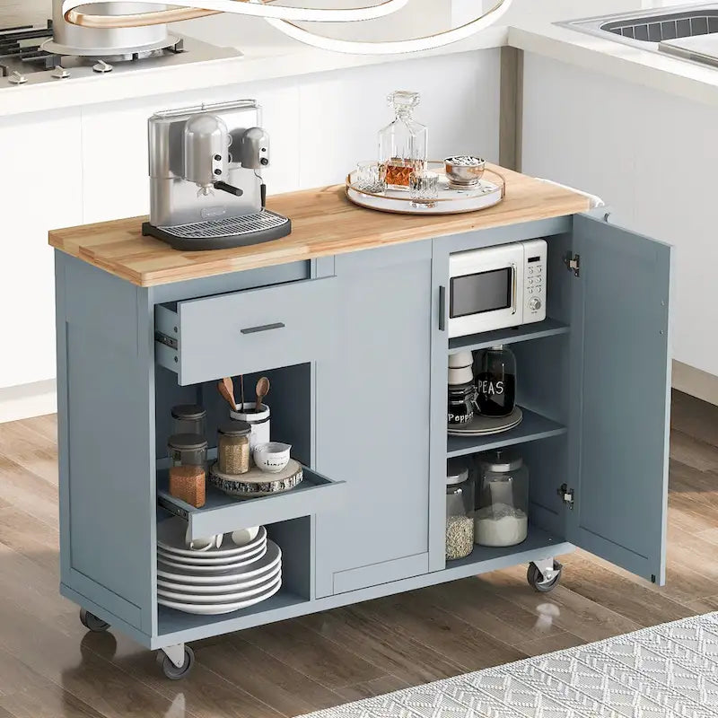 Kitchen Island with Foldable Counter Top, Kitchen Storage Cart with Slide-Out Shelf, Towel Rack and Drawer, Rolling Wheels