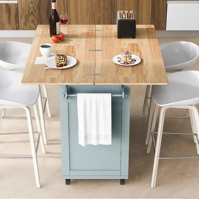 Kitchen Island with Foldable Counter Top, Kitchen Storage Cart with Slide-Out Shelf, Towel Rack and Drawer, Rolling Wheels