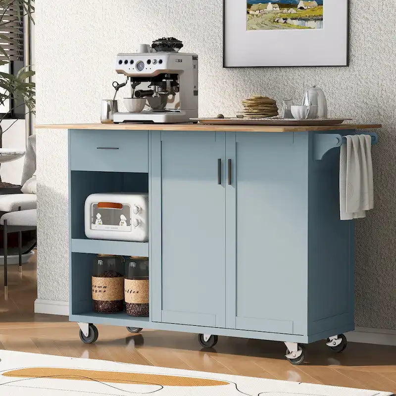 Kitchen Island with Foldable Counter Top, Kitchen Storage Cart with Slide-Out Shelf, Towel Rack and Drawer, Rolling Wheels