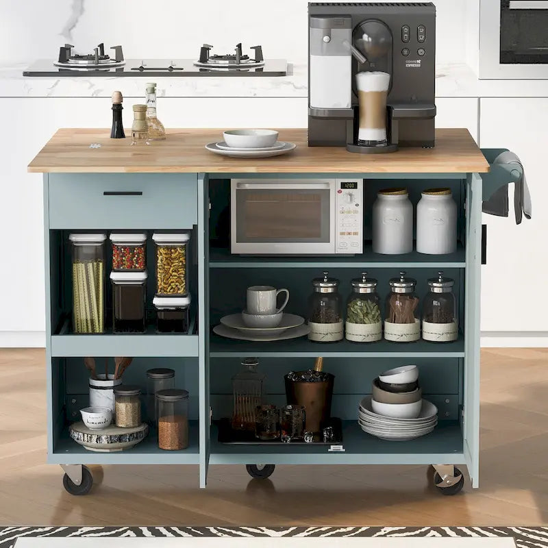 Kitchen Island with Foldable Counter Top, Kitchen Storage Cart with Slide-Out Shelf, Towel Rack and Drawer, Rolling Wheels
