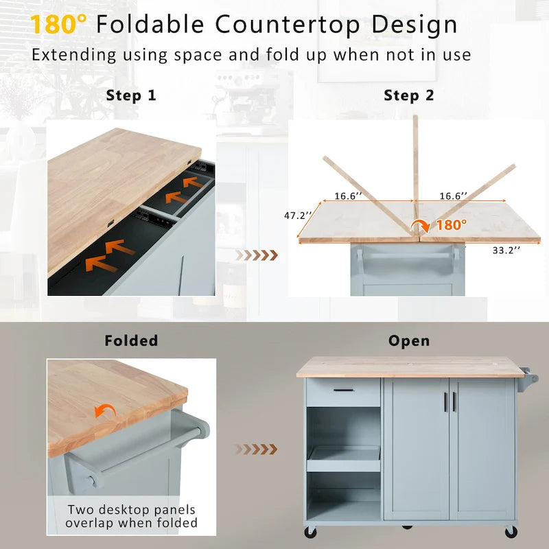 Kitchen Island with Foldable Counter Top, Kitchen Storage Cart with Slide-Out Shelf, Towel Rack and Drawer, Rolling Wheels