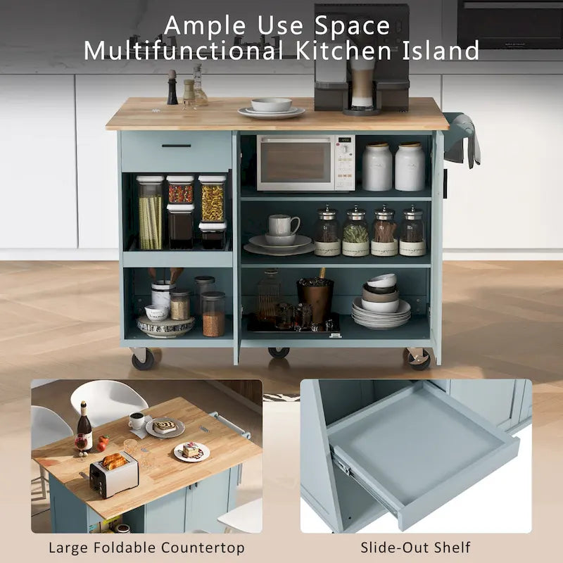 Kitchen Island with Foldable Counter Top, Kitchen Storage Cart with Slide-Out Shelf, Towel Rack and Drawer, Rolling Wheels