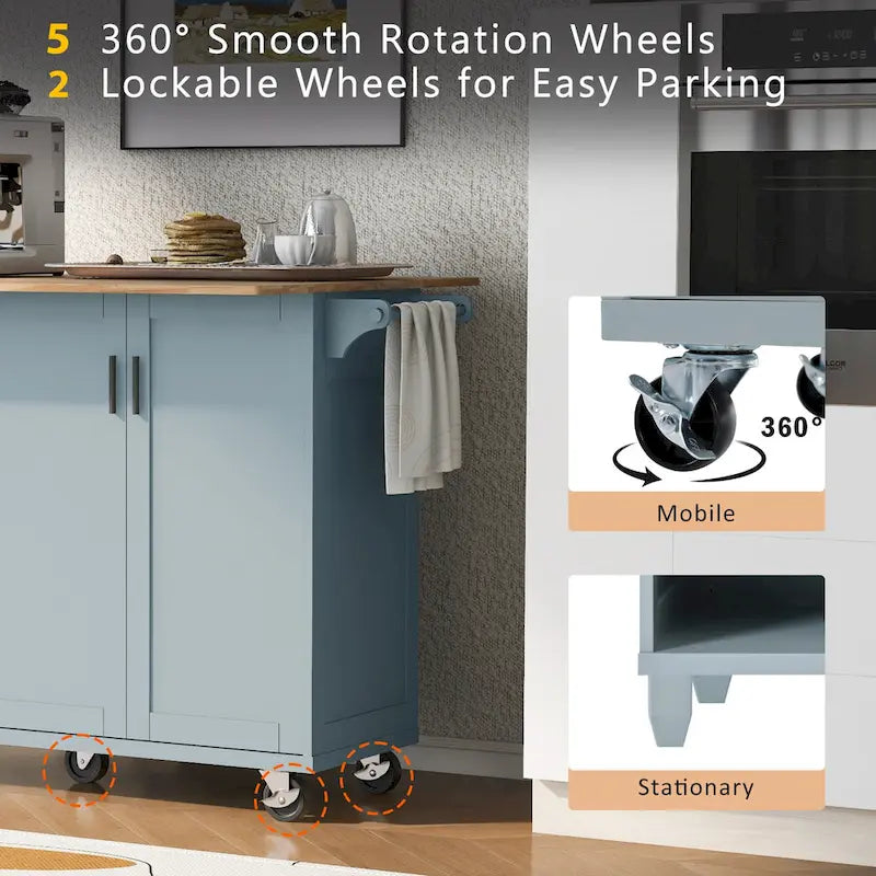 Kitchen Island with Foldable Counter Top, Kitchen Storage Cart with Slide-Out Shelf, Towel Rack and Drawer, Rolling Wheels