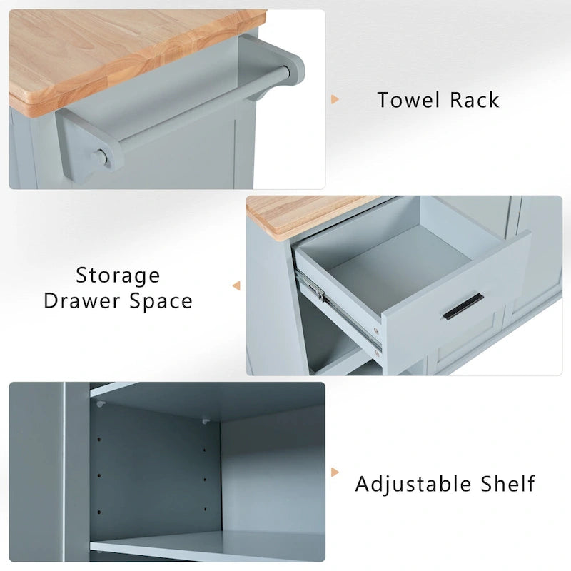 Kitchen Island with Foldable Counter Top, Kitchen Storage Cart with Slide-Out Shelf, Towel Rack and Drawer, Rolling Wheels