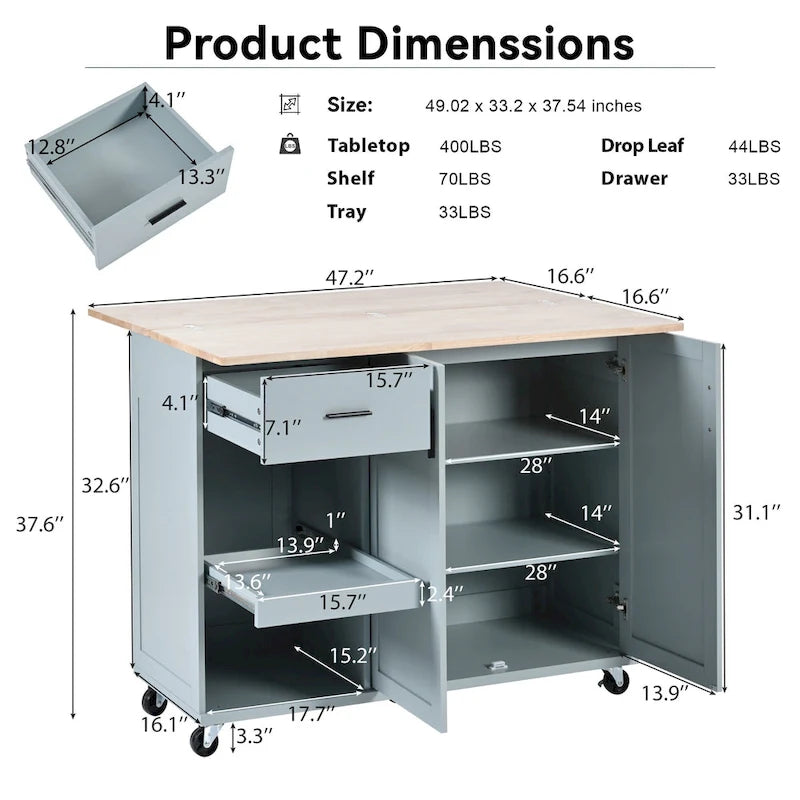 Kitchen Island with Foldable Counter Top, Kitchen Storage Cart with Slide-Out Shelf, Towel Rack and Drawer, Rolling Wheels