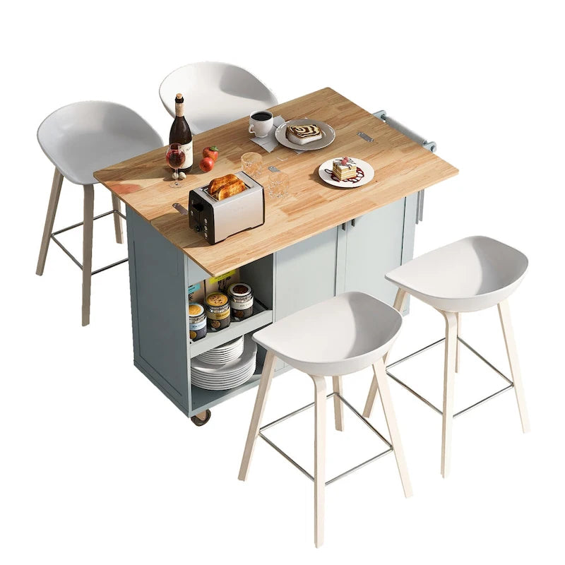 Kitchen Island with Foldable Counter Top, Kitchen Storage Cart with Slide-Out Shelf, Towel Rack and Drawer, Rolling Wheels
