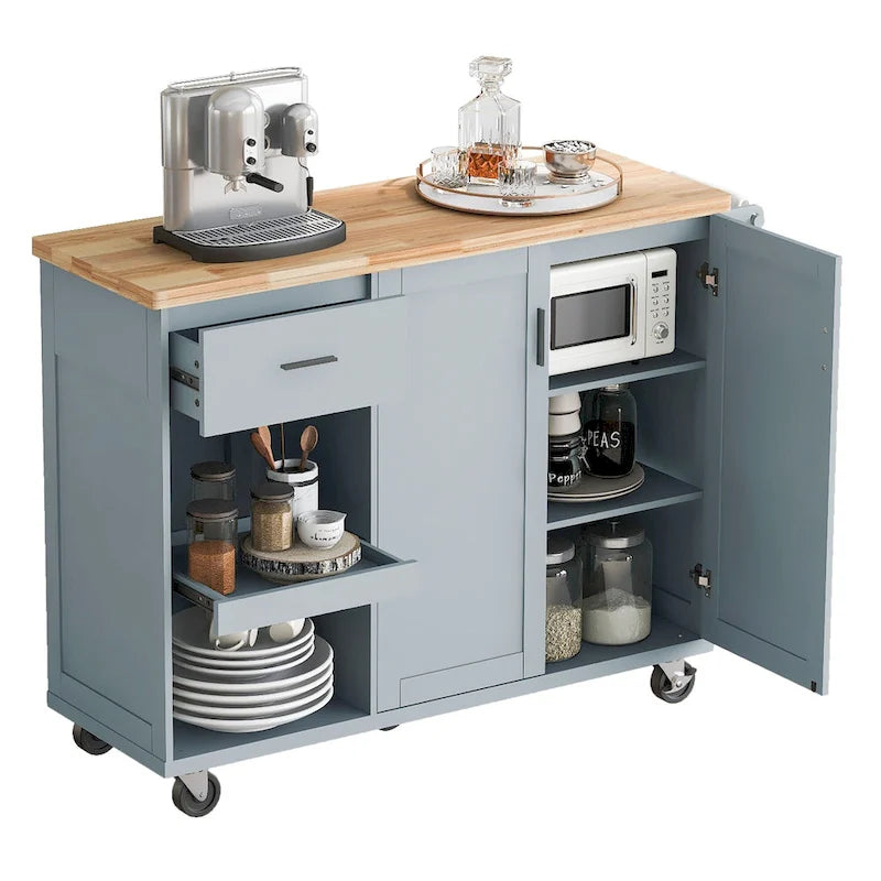 Kitchen Island with Foldable Counter Top, Kitchen Storage Cart with Slide-Out Shelf, Towel Rack and Drawer, Rolling Wheels