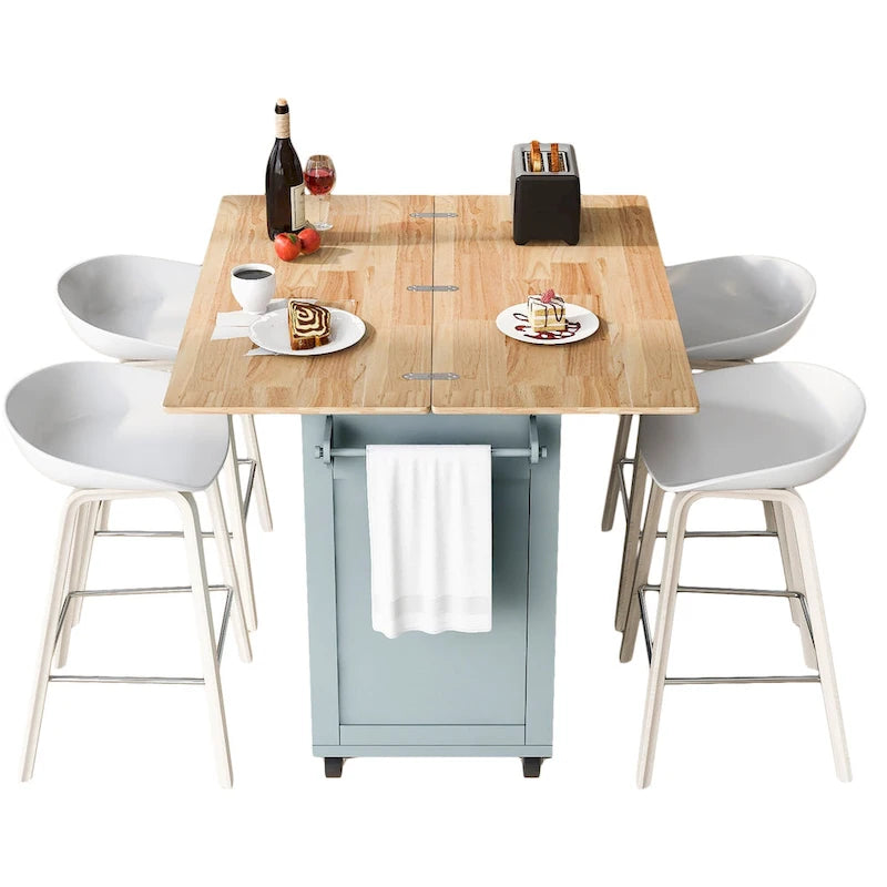 Kitchen Island with Foldable Counter Top, Kitchen Storage Cart with Slide-Out Shelf, Towel Rack and Drawer, Rolling Wheels