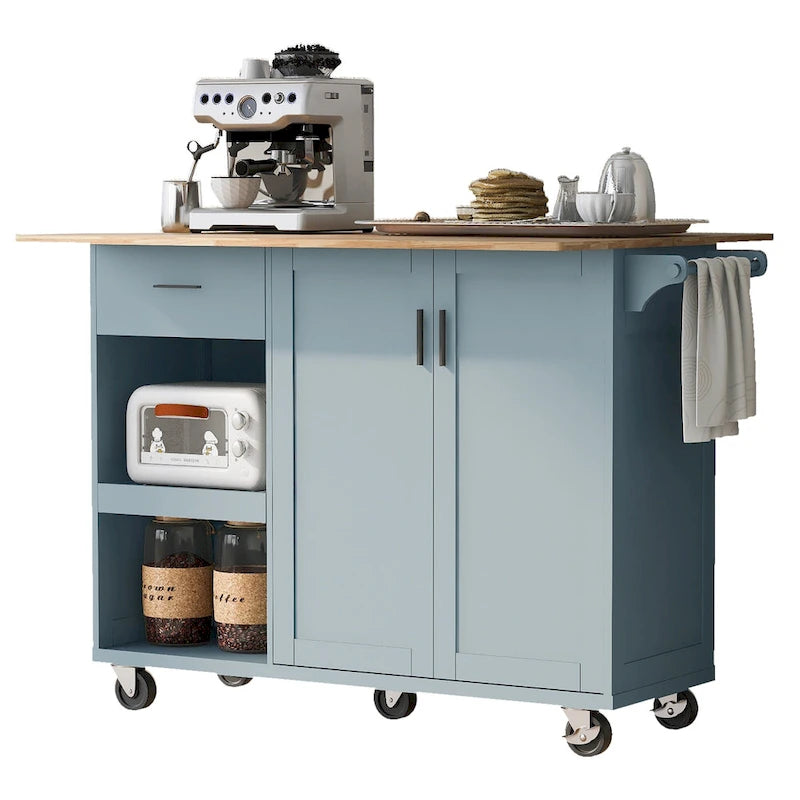 Kitchen Island with Foldable Counter Top, Kitchen Storage Cart with Slide-Out Shelf, Towel Rack and Drawer, Rolling Wheels