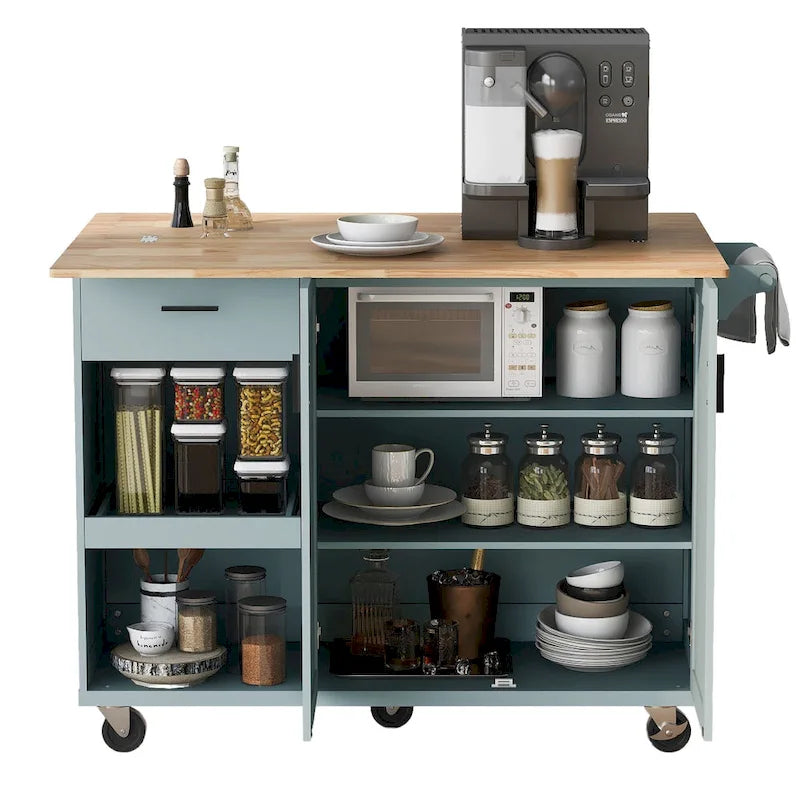 Kitchen Island with Foldable Counter Top, Kitchen Storage Cart with Slide-Out Shelf, Towel Rack and Drawer, Rolling Wheels