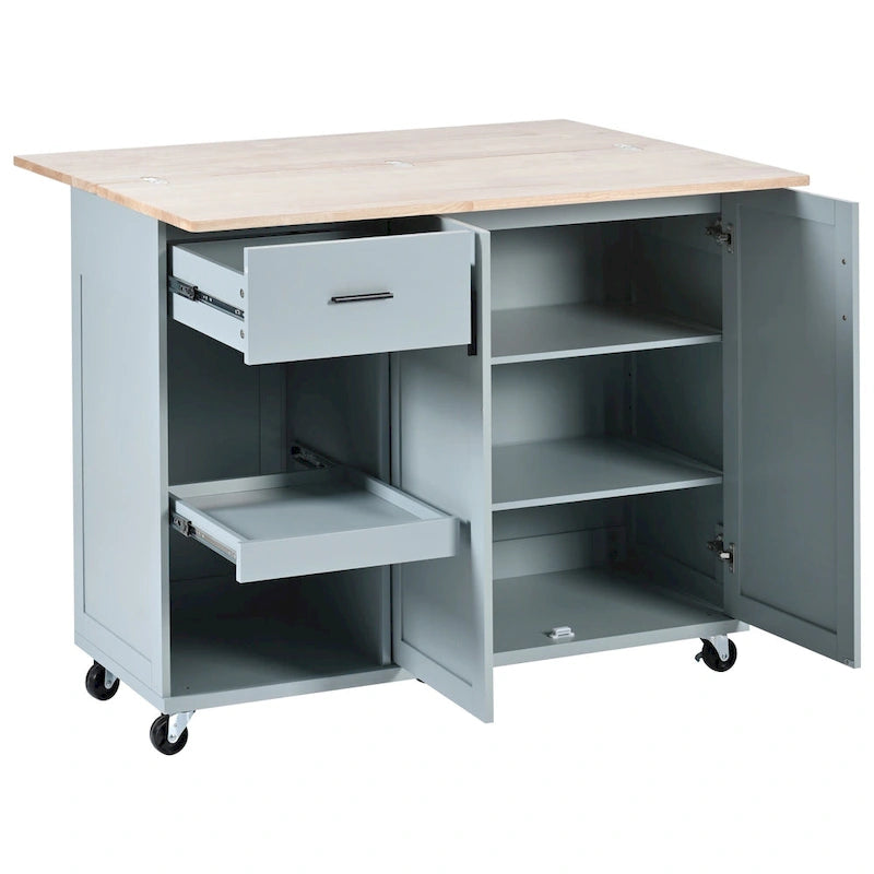 Kitchen Island with Foldable Counter Top, Kitchen Storage Cart with Slide-Out Shelf, Towel Rack and Drawer, Rolling Wheels