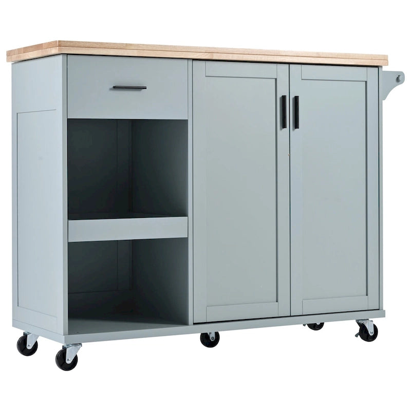 Kitchen Island with Foldable Counter Top, Kitchen Storage Cart with Slide-Out Shelf, Towel Rack and Drawer, Rolling Wheels