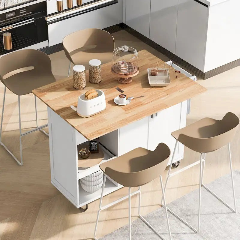 Kitchen Island with Foldable Counter Top, Kitchen Storage Cart with Slide-Out Shelf, Towel Rack and Drawer, Rolling Wheels