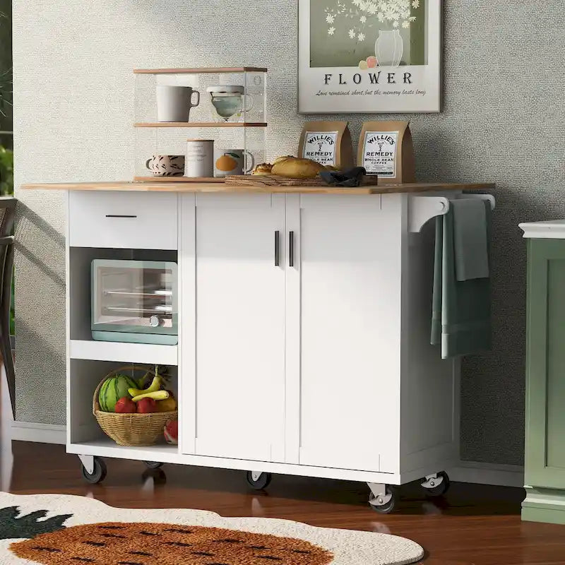 Kitchen Island with Foldable Counter Top, Kitchen Storage Cart with Slide-Out Shelf, Towel Rack and Drawer, Rolling Wheels