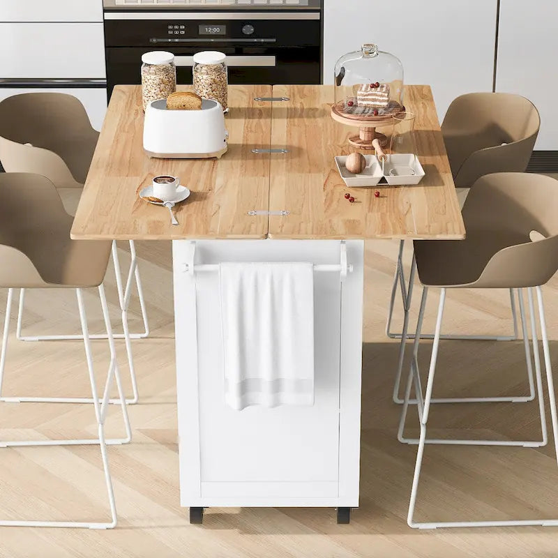 Kitchen Island with Foldable Counter Top, Kitchen Storage Cart with Slide-Out Shelf, Towel Rack and Drawer, Rolling Wheels