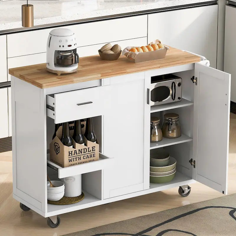 Kitchen Island with Foldable Counter Top, Kitchen Storage Cart with Slide-Out Shelf, Towel Rack and Drawer, Rolling Wheels