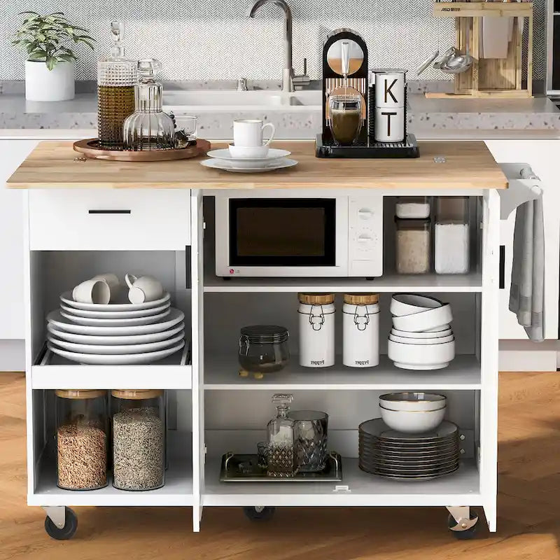 Kitchen Island with Foldable Counter Top, Kitchen Storage Cart with Slide-Out Shelf, Towel Rack and Drawer, Rolling Wheels