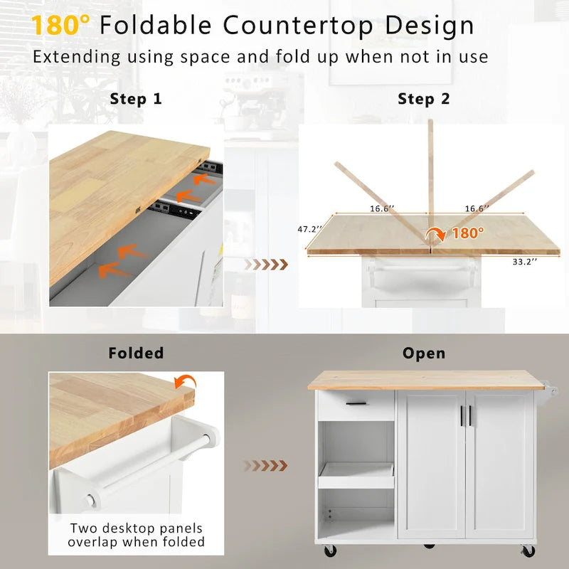 Kitchen Island with Foldable Counter Top, Kitchen Storage Cart with Slide-Out Shelf, Towel Rack and Drawer, Rolling Wheels