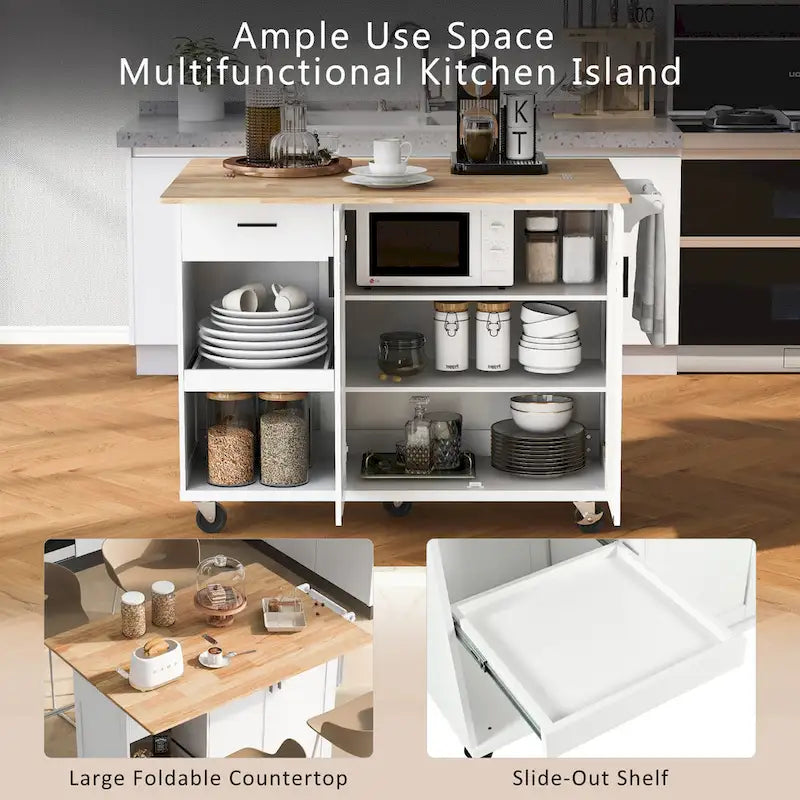 Kitchen Island with Foldable Counter Top, Kitchen Storage Cart with Slide-Out Shelf, Towel Rack and Drawer, Rolling Wheels