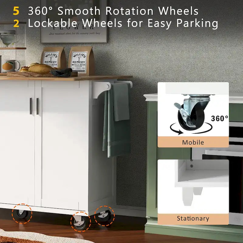 Kitchen Island with Foldable Counter Top, Kitchen Storage Cart with Slide-Out Shelf, Towel Rack and Drawer, Rolling Wheels
