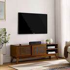 Vintage Rattan TV-Schrank mit 2 Staufächern und 4 Holzbeinen für Wohnzimmer, Schlafzimmer und Büro