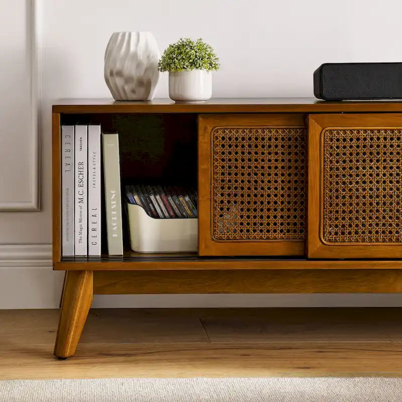 Vintage Rattan TV Cabinet with 2 Storage Cabinets and 4 Wooden Legs for Living Room Bedroom and Office
