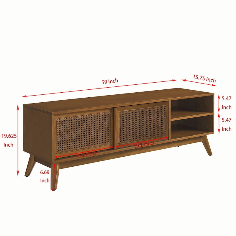 Vintage Rattan TV Cabinet with 2 Storage Cabinets and 4 Wooden Legs for Living Room Bedroom and Office