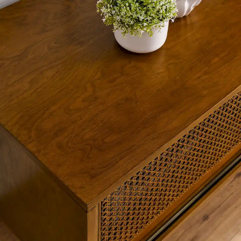 Vintage Rattan TV Cabinet with 2 Storage Cabinets and 4 Wooden Legs for Living Room Bedroom and Office