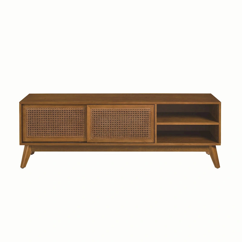 Vintage Rattan TV Cabinet with 2 Storage Cabinets and 4 Wooden Legs for Living Room Bedroom and Office