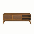 Vintage Rattan TV-Schrank mit 2 Staufächern und 4 Holzbeinen für Wohnzimmer, Schlafzimmer und Büro