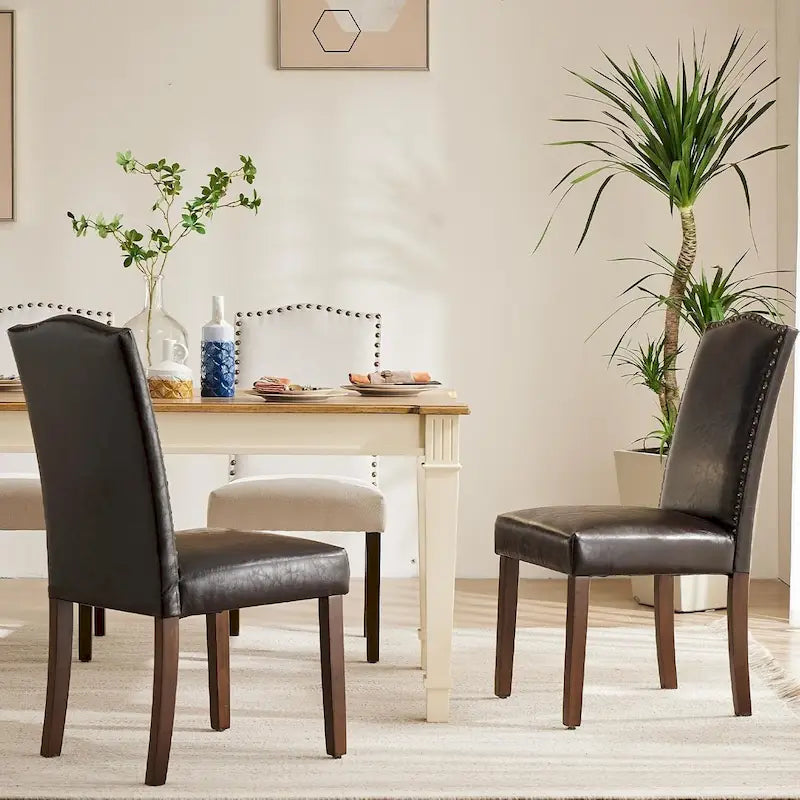 Dark Brown Leather Upholstered Dining Chair (2 Pack) w/Nailhead Trim and Wood Legs for Dining Room