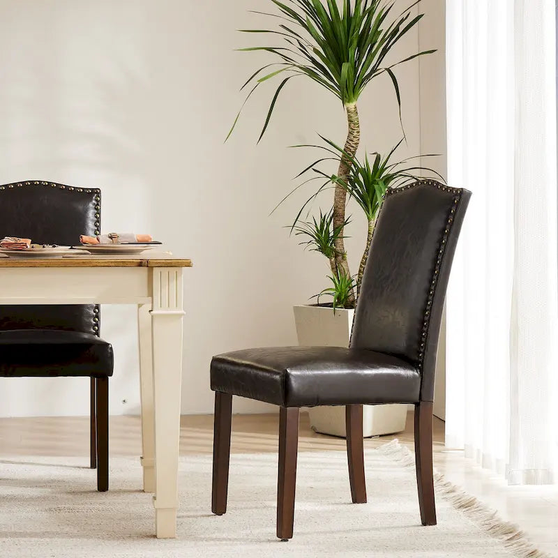 Dark Brown Leather Upholstered Dining Chair (2 Pack) w/Nailhead Trim and Wood Legs for Dining Room