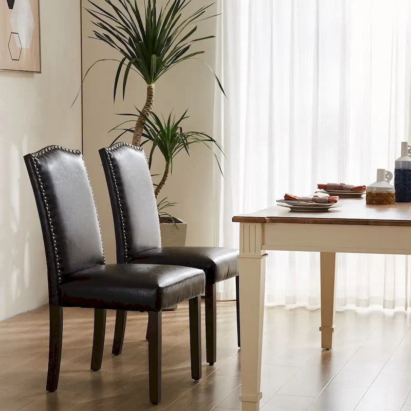 Dark Brown Leather Upholstered Dining Chair (2 Pack) w/Nailhead Trim and Wood Legs for Dining Room