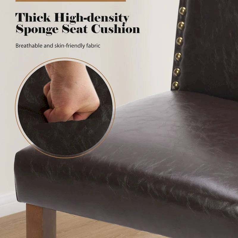 Dark Brown Leather Upholstered Dining Chair (2 Pack) w/Nailhead Trim and Wood Legs for Dining Room