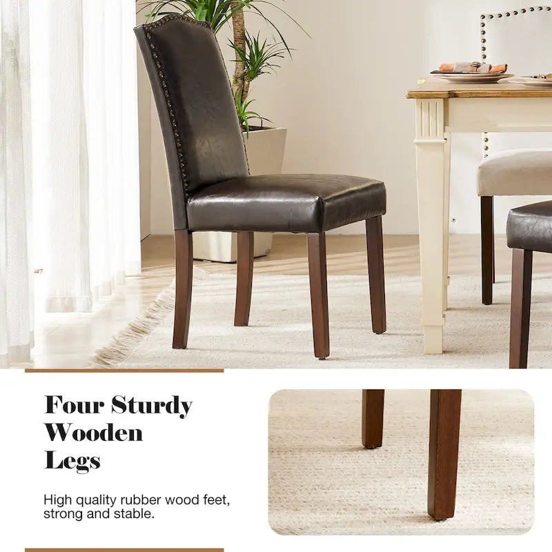 Dark Brown Leather Upholstered Dining Chair (2 Pack) w/Nailhead Trim and Wood Legs for Dining Room