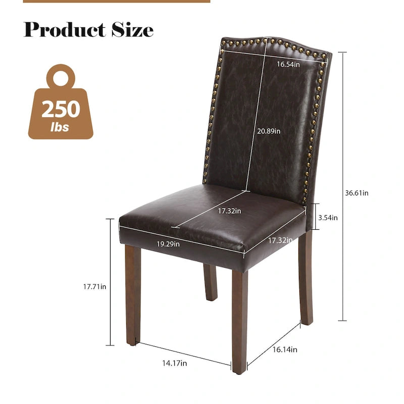 Dark Brown Leather Upholstered Dining Chair (2 Pack) w/Nailhead Trim and Wood Legs for Dining Room
