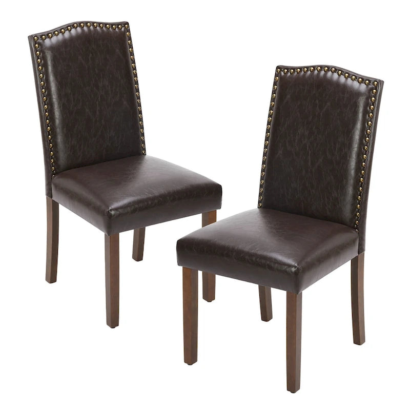 Dark Brown Leather Upholstered Dining Chair (2 Pack) w/Nailhead Trim and Wood Legs for Dining Room