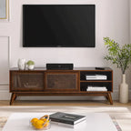Walnuss 59 TV-Ständer mit offenen Regalen und Rattan-Schranktüren für TVs bis zu 65 Zoll