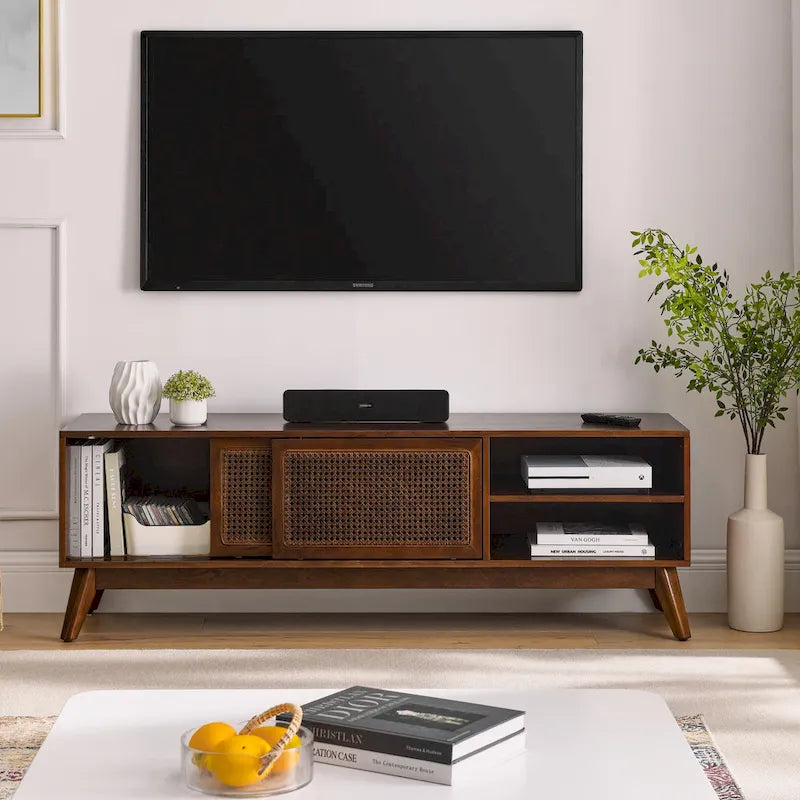 Walnut 59 TV Stand with Open Shelves and Rattan Cabinet Doors for TVs Up to 65