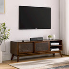 Walnuss 59 TV-Ständer mit offenen Regalen und Rattan-Schranktüren für TVs bis zu 65 Zoll