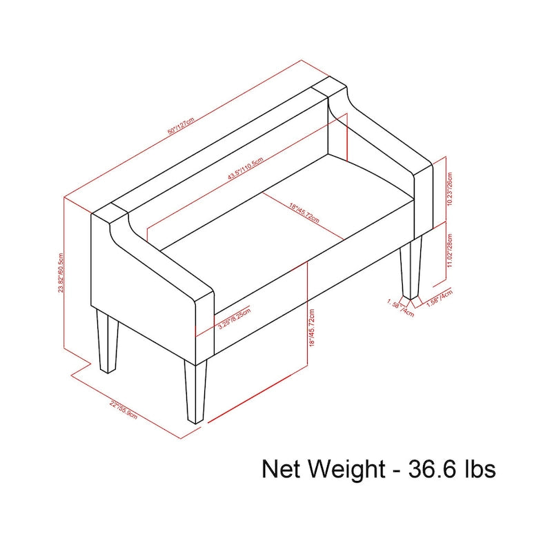 50 inch Wide Contemporary Upholstered Bench- 50x 22x 23.8