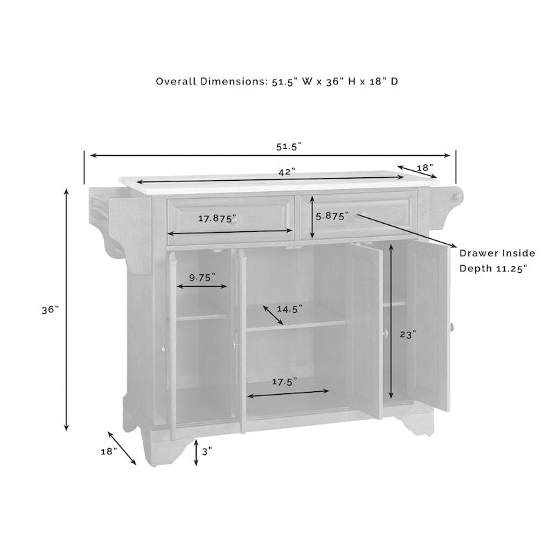 Solid Granite Top Kitchen Island in White Finish - 18d x 51.5w x 36h