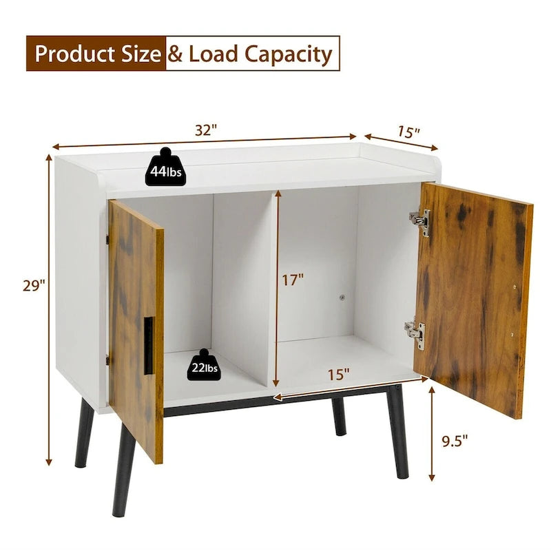 Mid-Century Wood Storage Cabinet with 2 Doors and Metal Legs for Entryway - 32 x 15 x 29 (L x W x H)