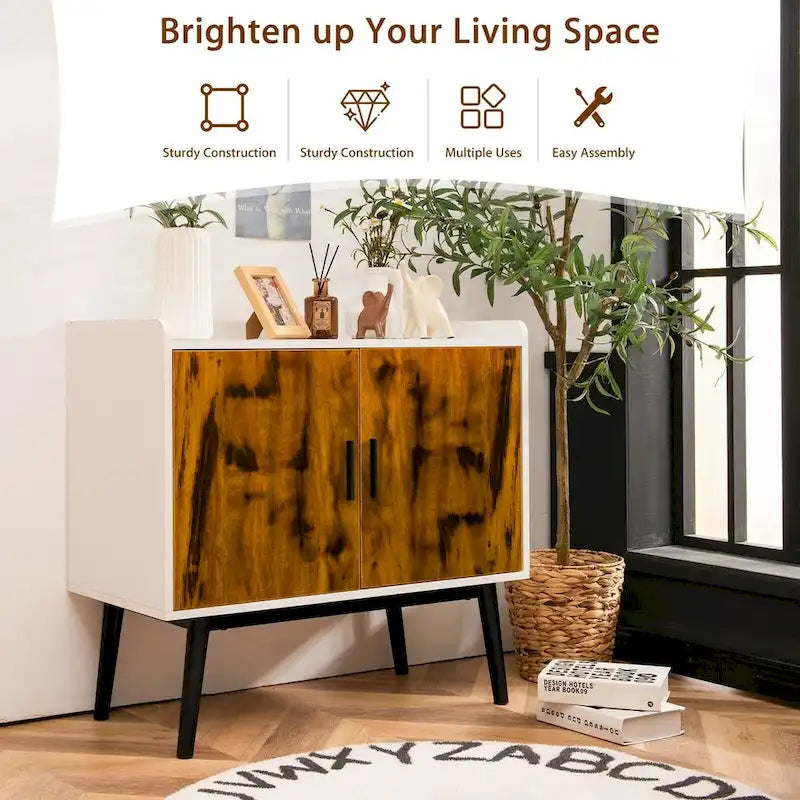 Mid-Century Wood Storage Cabinet with 2 Doors and Metal Legs for Entryway - 32 x 15 x 29 (L x W x H)