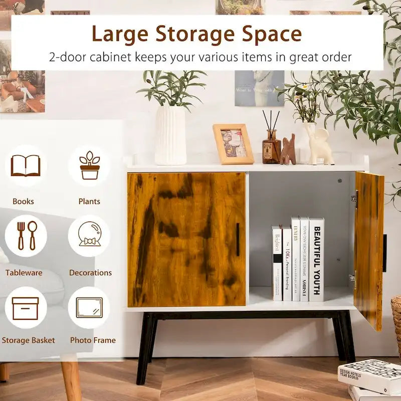 Mid-Century Wood Storage Cabinet with 2 Doors and Metal Legs for Entryway - 32 x 15 x 29 (L x W x H)