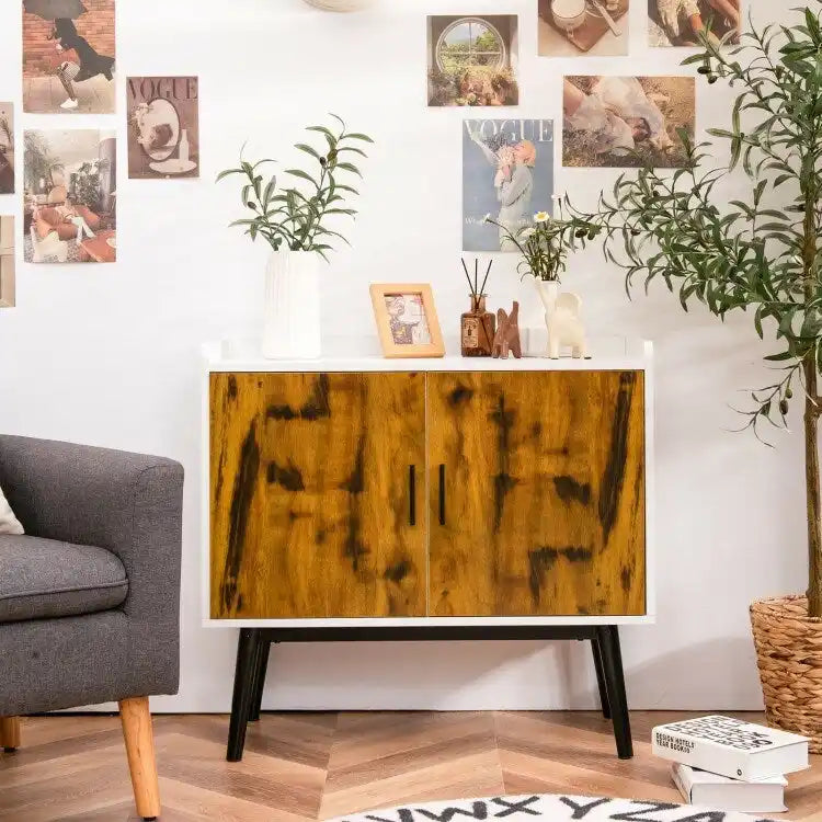 Mid-Century Wood Storage Cabinet with 2 Doors and Metal Legs for Entryway - 32 x 15 x 29 (L x W x H)